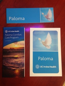 The Paloma Comfort Care materials: brochure, plate for the door so medical staff recognizes a patient instantly, and the card families carry so all medical staff know of their circumstance at all times.